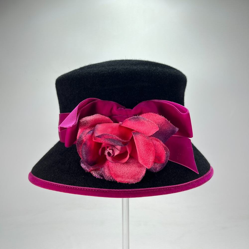 Plaza Suite by Betmar Black Pink Rose Ribbon Dressy Church Women's Hat